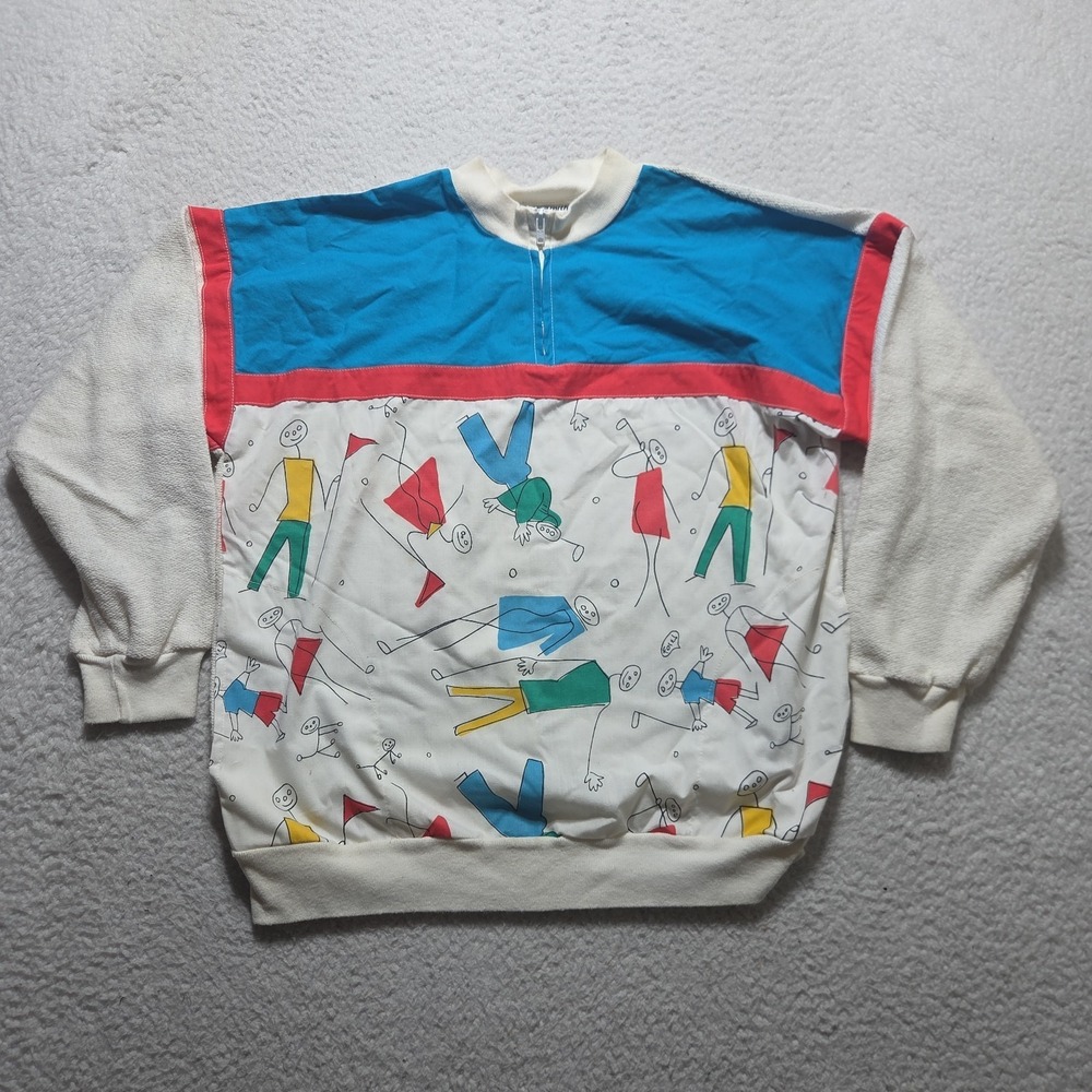 Vintage 80s David Smith Pullover Golf Sweater Stick‎ Figure Print 1/4 Zip Size M